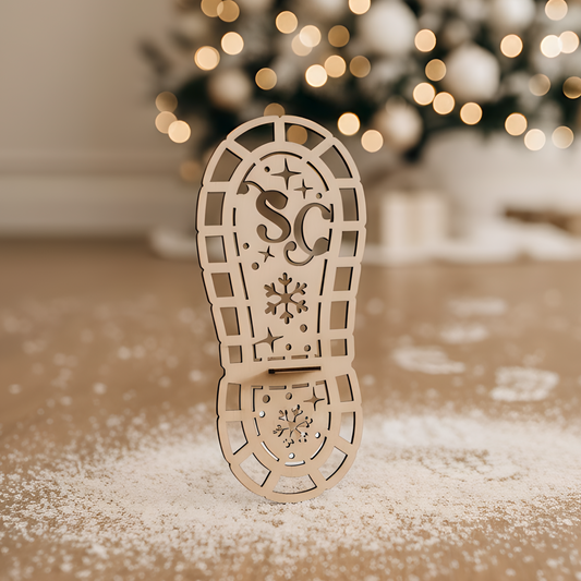 The wooden Santa's Boot Stencil standing upright on a timber floor, surrounded by white powder creating a trail of clear Santa footprints leading towards a blurred, beautifully decorated Christmas tree.