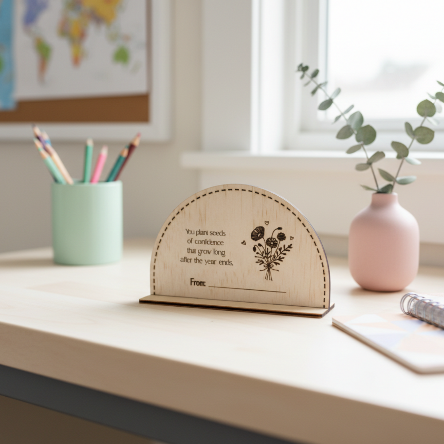 A customisable wooden desktop sign for teachers, featuring an optional engraved "From" name.