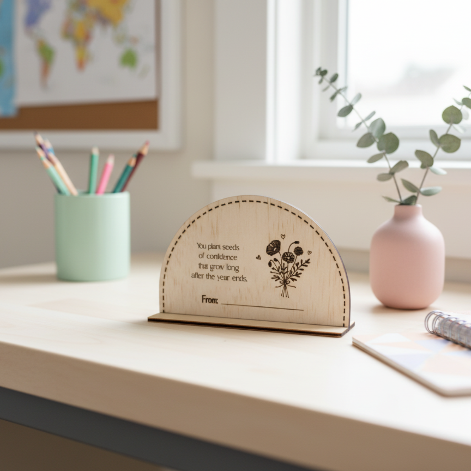 A customisable wooden desktop sign for teachers, featuring an optional engraved "From" name.
